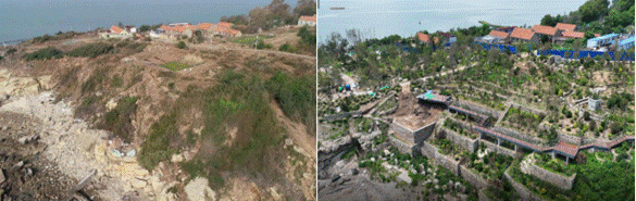 小管岛岛体护坡修复前（左图）、后（右图）