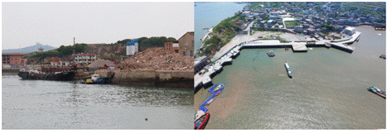 梅花湾亲水栈道工程修复前（左）后（右）