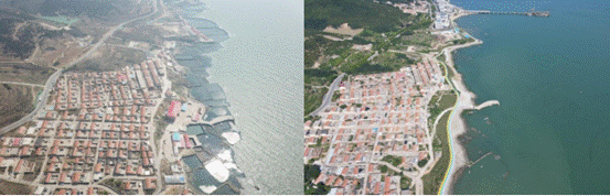 小岛湾北岸拆除养殖池、岸线整治修复前（左图）、后（右图