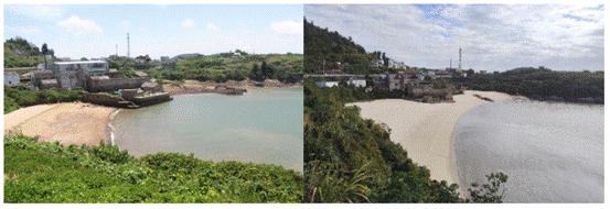 丁勾头沙滩修复前（左）后（右）